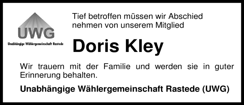  Traueranzeige für Doris Kley vom 08.06.2012 aus Nordwest Zeitung